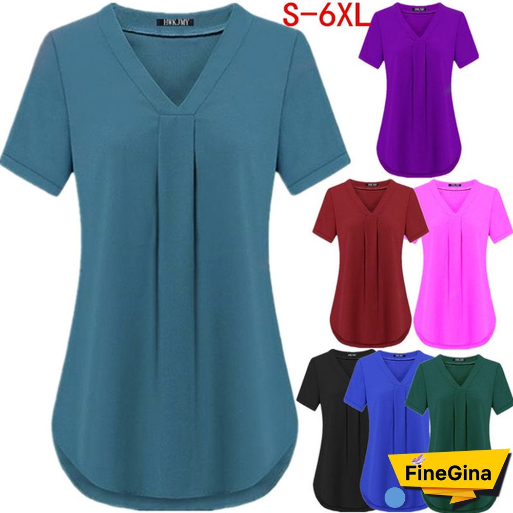 Womens Fashion Summer Sexy V-neck Short Sleeve Shirt Solid Color Loose Pleated Chiffon T