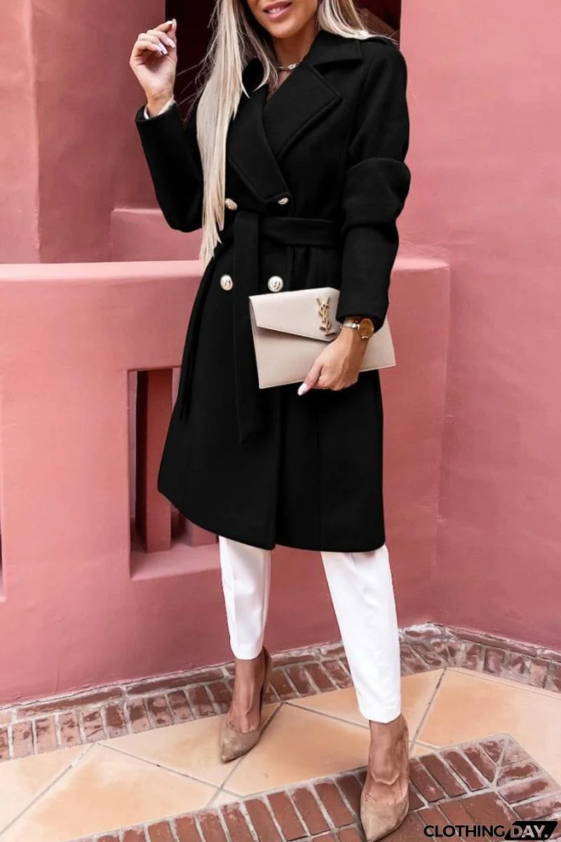 Elegant College Solid With Belt V Neck Outerwear