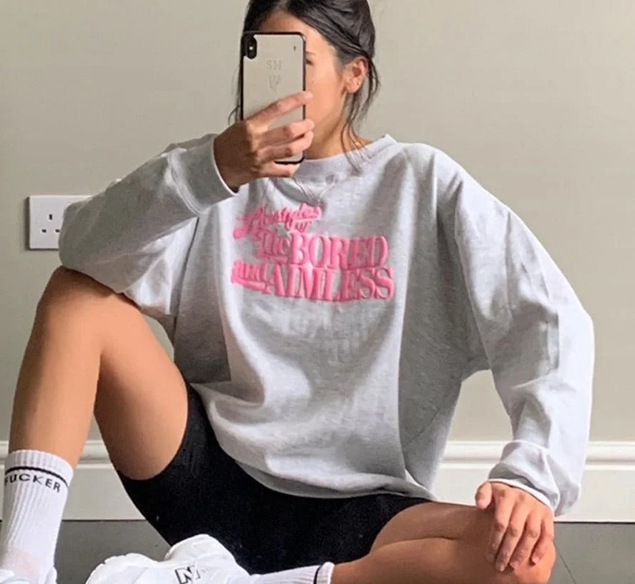 Christmas Gift Chic Letter Print Loose Pullover Women Casual College Style Oversize Sweatshirt Autumn Korean Basic Streetwear Clother