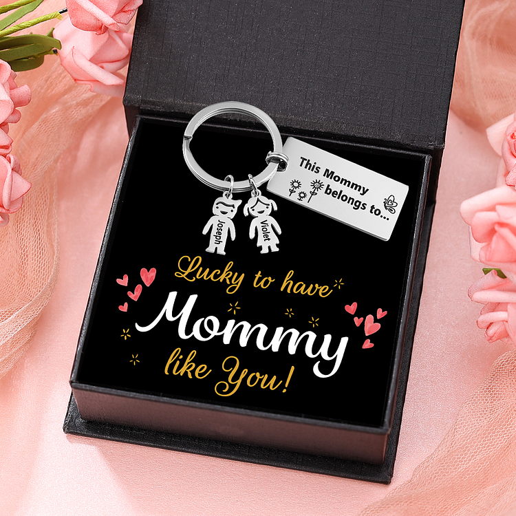 2 Names - Personalized Keychain with Kid Charm "This mommy belongs to" Mother's Day Gifts For Her