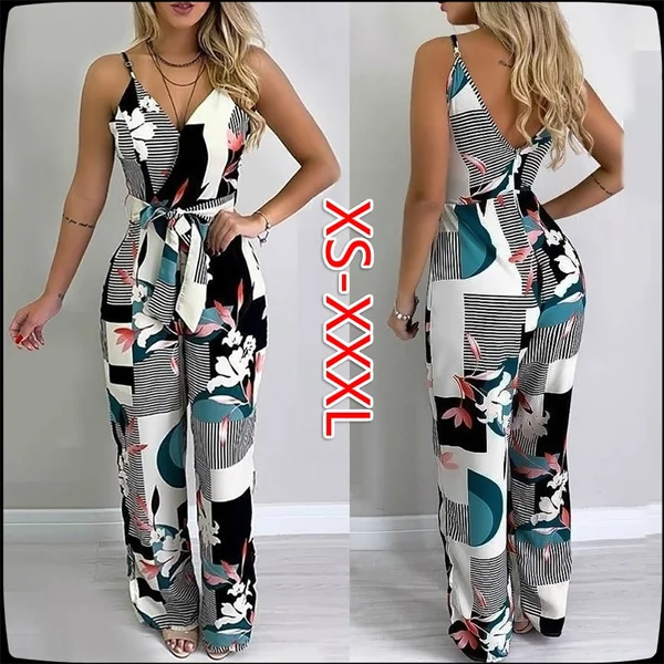 Women Fashion Spaghetti Strap Mixed Printing Jumpsuit Deep V-neck Sleeveless Jumpsuits Backless Wide Leg Macacao Feminino