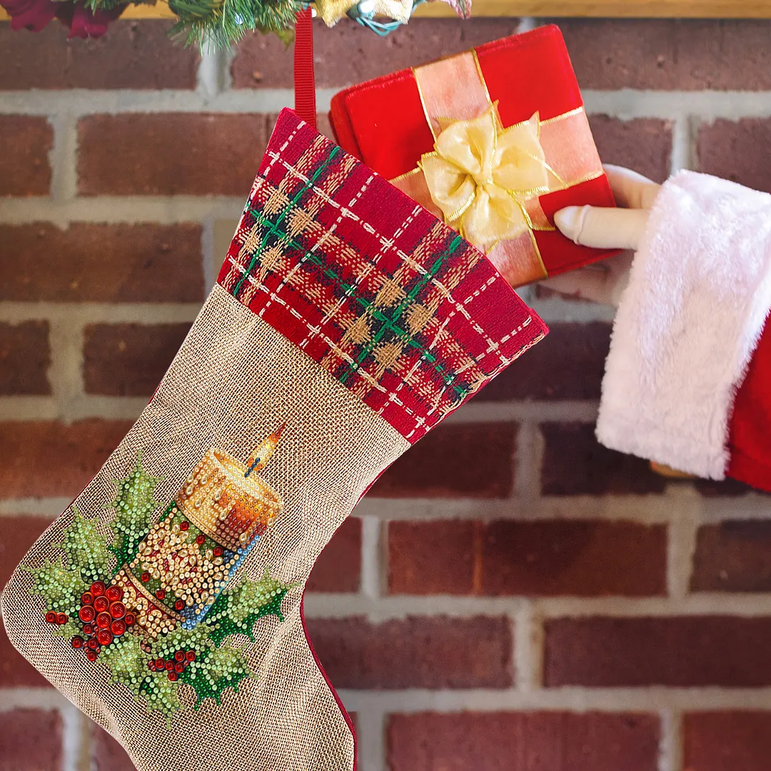 DIY Diamond Painting Christmas Stockings Hanging Ornaments Large Capacity Xmas Socks Pendant Wear Resist Candy Gift Storage Bags for Family Christmas Holiday Party Decoration (Christmas candles)