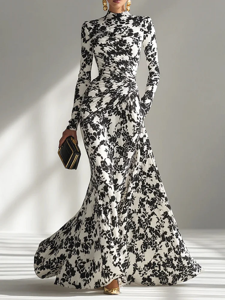 Black And White Patterned Stretch Blend Wrap Dress