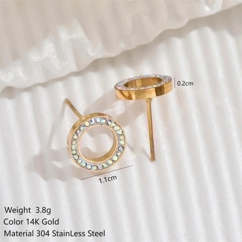 1 Pair Elegant Shiny Glittery Round Polishing Plating Hollow Out 304 Stainless Steel Zircon 14K Gold Plated Ear Studs