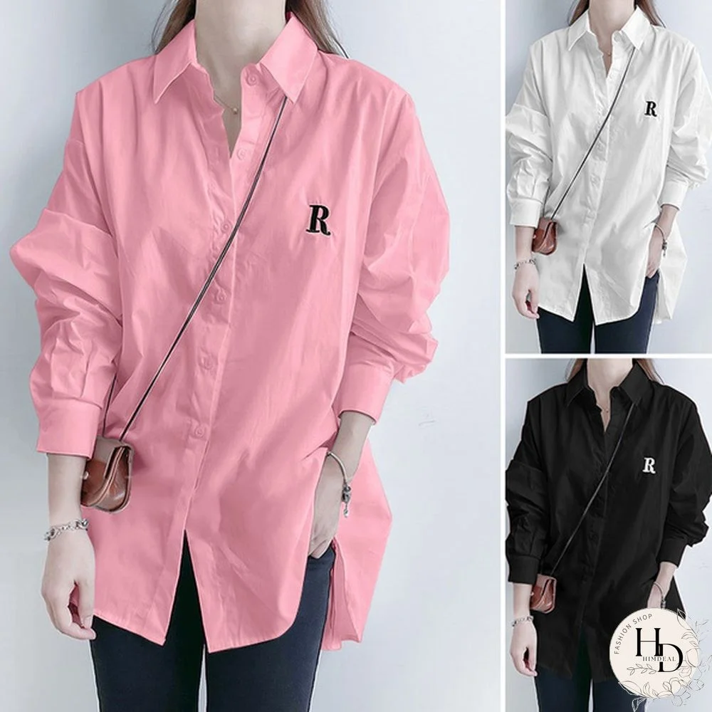 Women Casual Collared Full Sleeved Top Holiday Spring Plus Size Solid Button Down Shirt Blouse