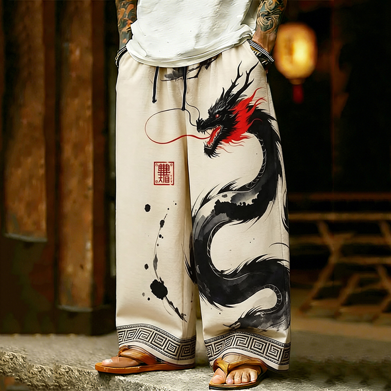Men's Japanese Dragon Art Pattern Casual Pants elevenforest