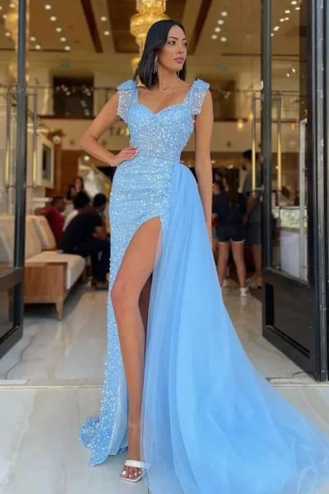 Bellasprom Off-the-Shoulder Sky Blue Prom Dress Mermaid Sequins Long With Slit Tulle Ruffle Bellasprom