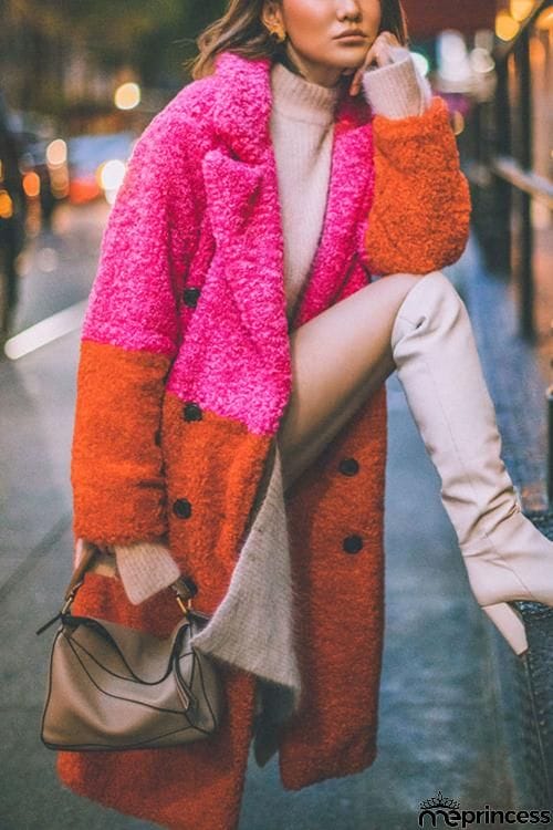 Plush Color Block Button Pocket Coat