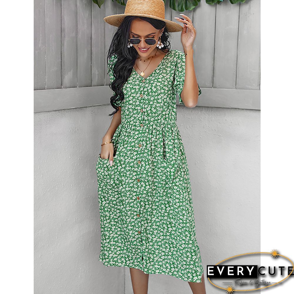 Green Button Down V Neck Pocketed Floral Dress