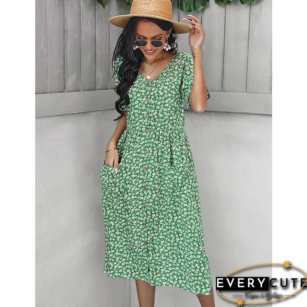 Green Button Down V Neck Pocketed Floral Dress