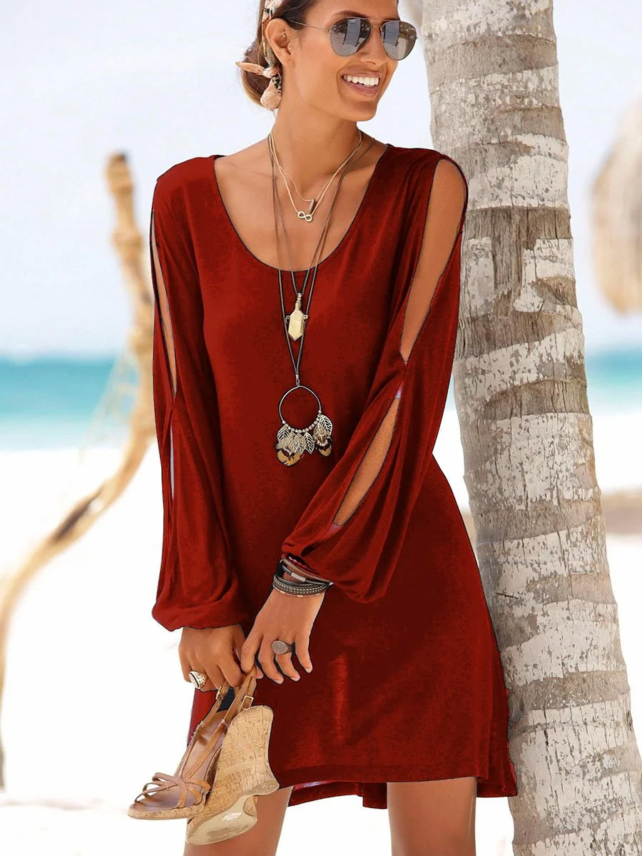 Round Neck Slit Sleeves Solid Color Shift Dress
