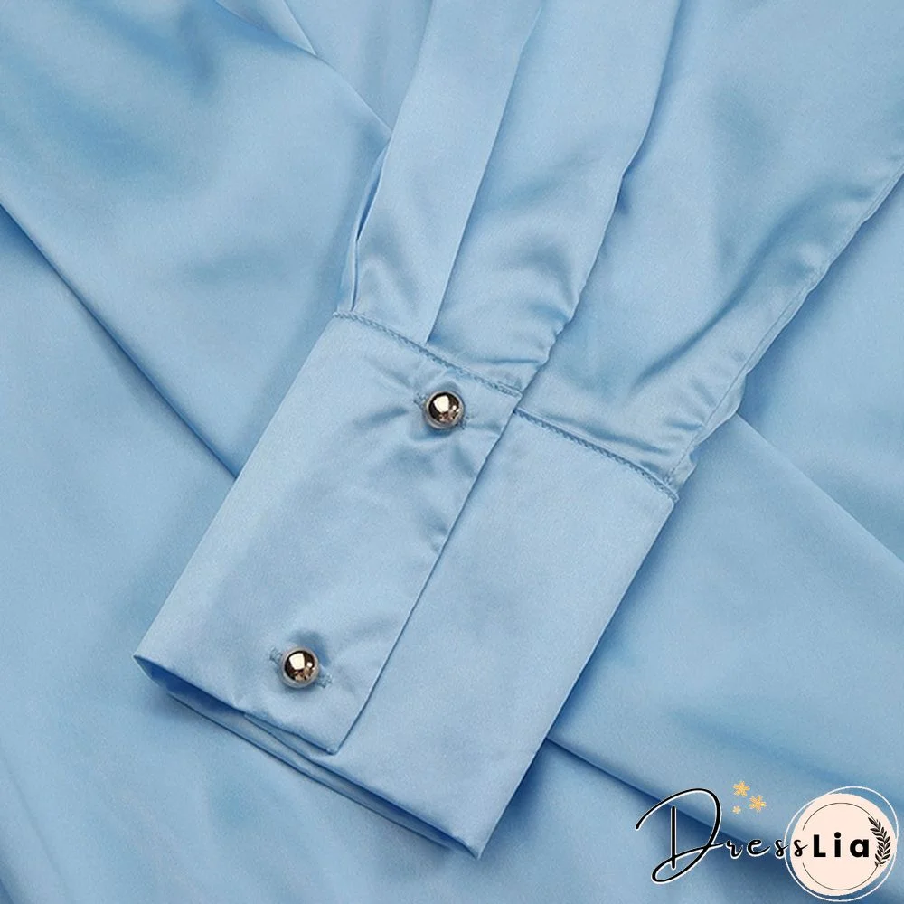 Women Long Sleeve Wrap Blouse Satin Silk V Neck Casual Elegant Shirt Plus Size Tops