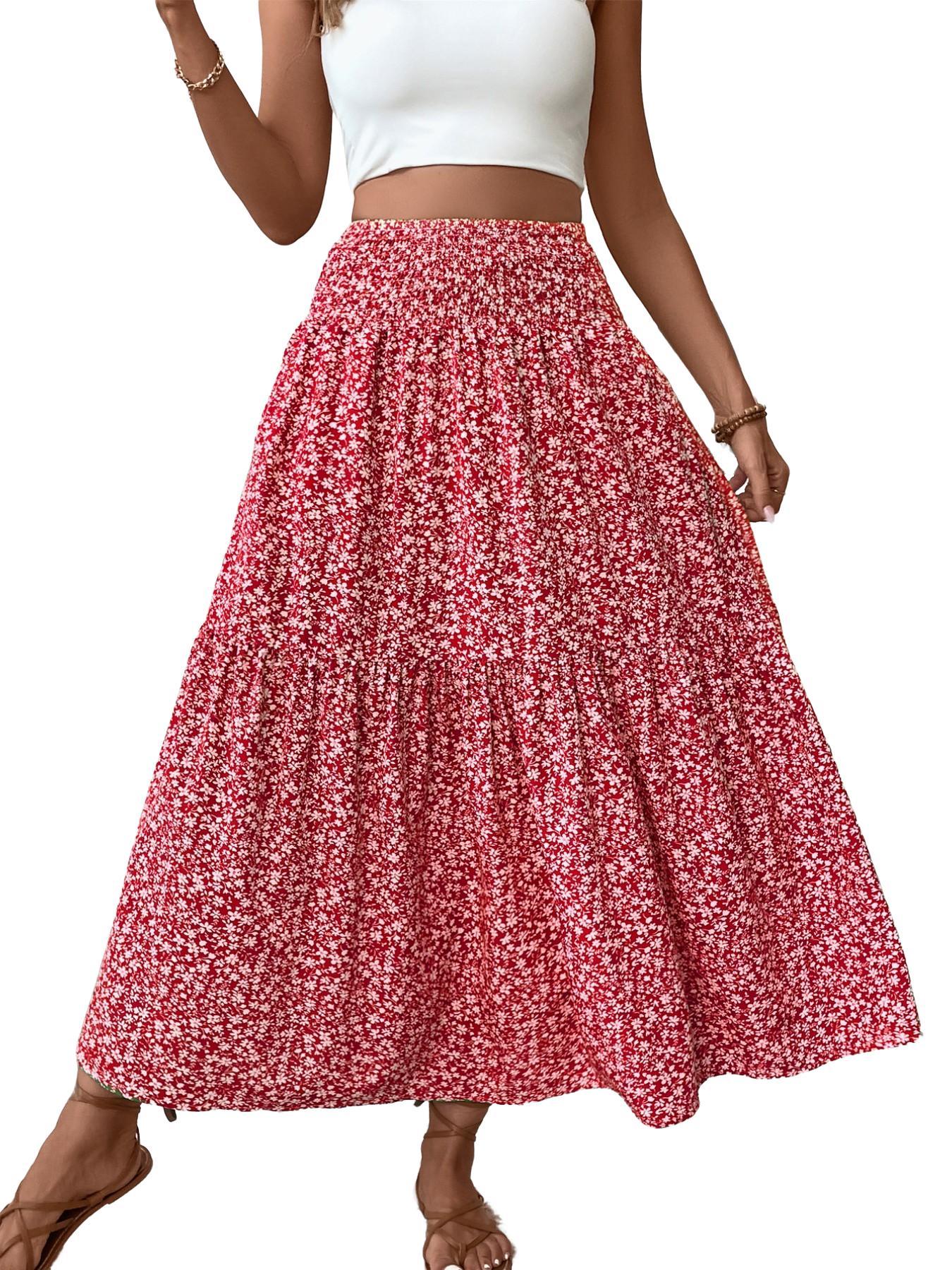 Women's Ditsy Floral Vintage Casual Vacation Layered A-Line Skirt, Elegant Long Skirt for Spring & Fall, All over Print Fitted Style