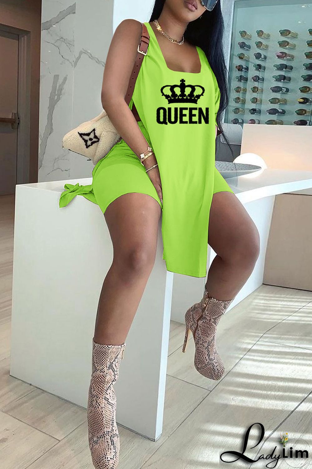 Royal Blue Casual Print Split Joint Slit U Neck Sleeveless Two Pieces