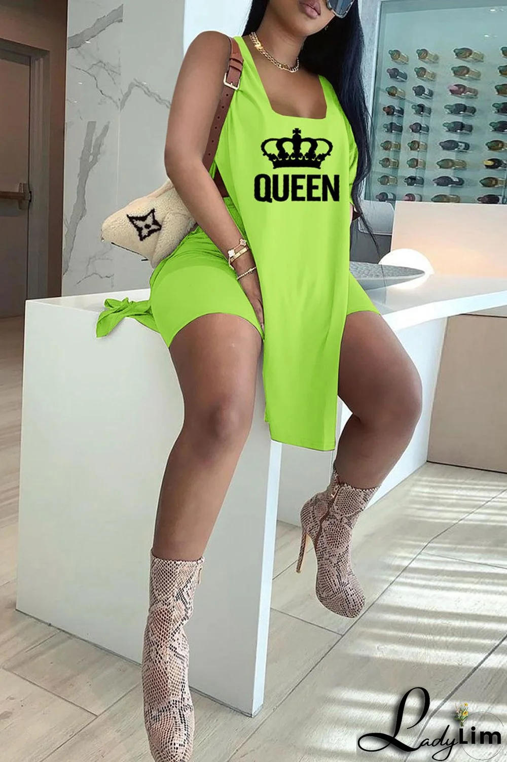 Royal Blue Casual Print Split Joint Slit U Neck Sleeveless Two Pieces