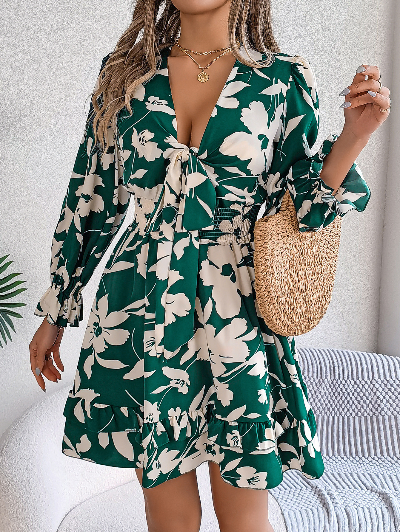 Jumprocker Autumn And Winter Women's Fashionable Printed Sexy V-neck Lace Up Waist Dress Elegant Long Sleeved Black Fungus Edge Mini Dress