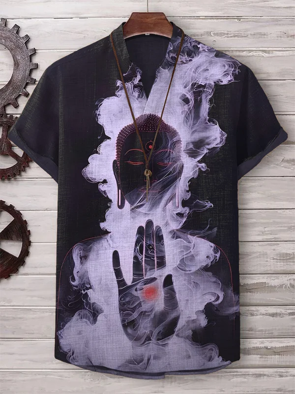 Men's Mysterious Buddha Surrounded By Smoke Art Print V Neck T-Shirt