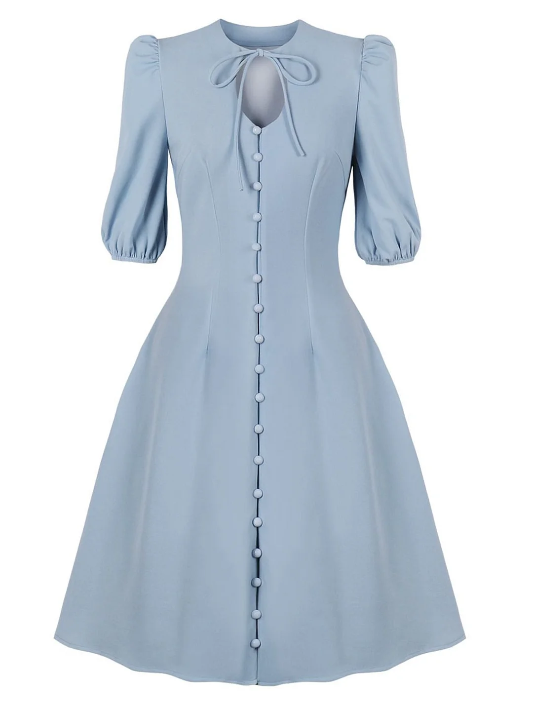 Blue 1950s Puff Button Solid Dress