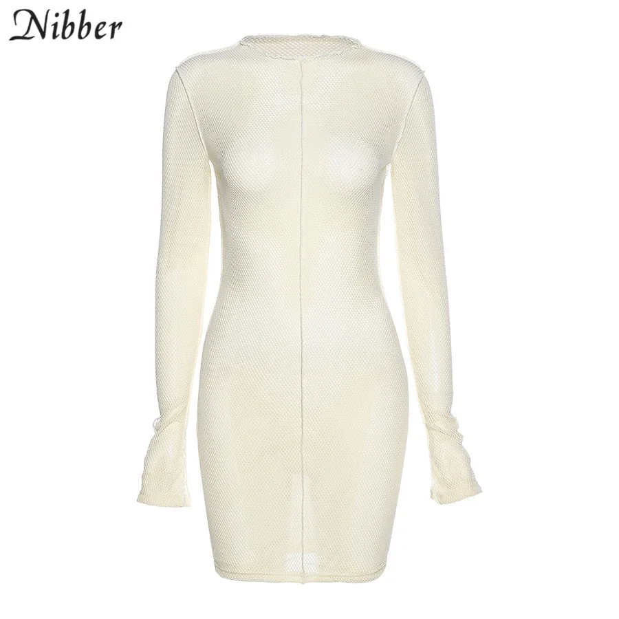 Nibber Solid Color Long Sleeve Mesh Bodycon Women Party Dresses Spring Autumn 2021Fashion Skinny Mini Dress O-Neck Sexy Clubwear