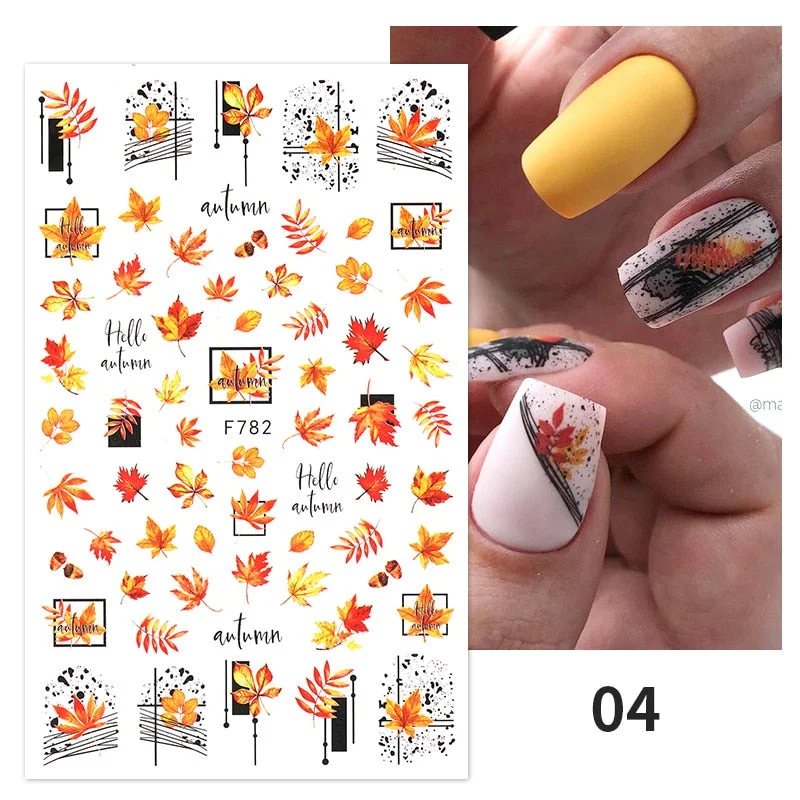 Maple Leaves Nail Stickers 3D Charms Flowers Yellow Gold Fall DIY Sliders Nail Art Decoration Autumn Adhesive Manicures Decals