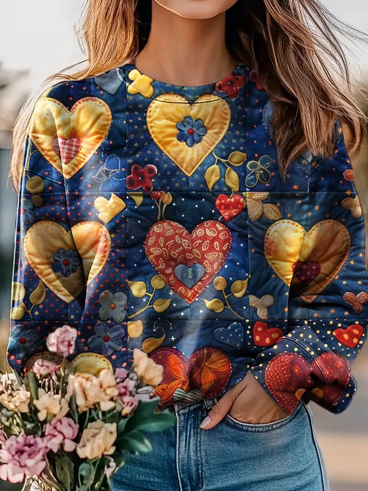 Women's Vintage Heart Floral Collage Print Casual Crew Neck Sweatshirt