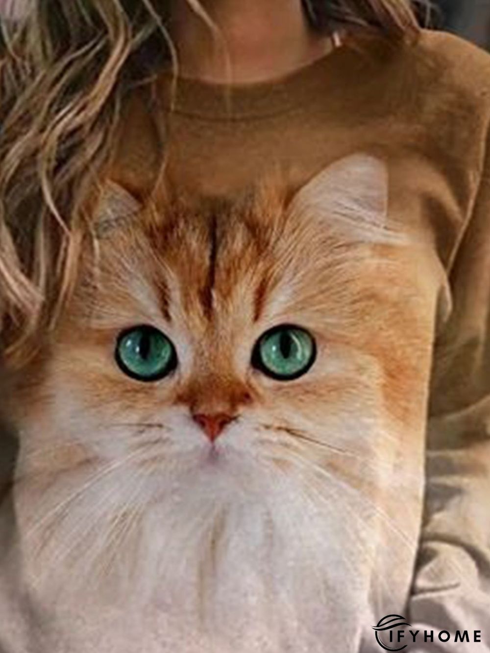 Brown Cat Printed Casual Long Sleeve Shift Top | IFYHOME