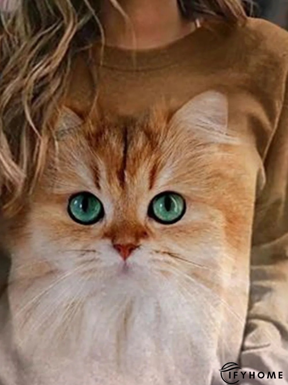 Brown Cat Printed Casual Long Sleeve Shift Top | IFYHOME