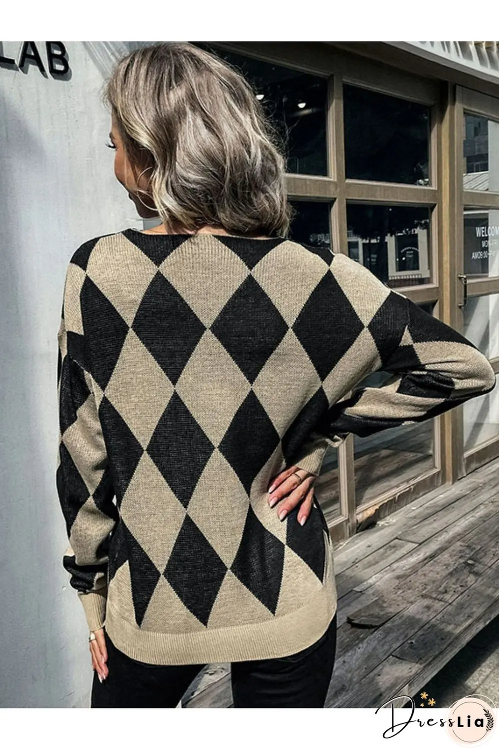 Argyle Eyelash Lace Trim Dropped Shoulder Sweater