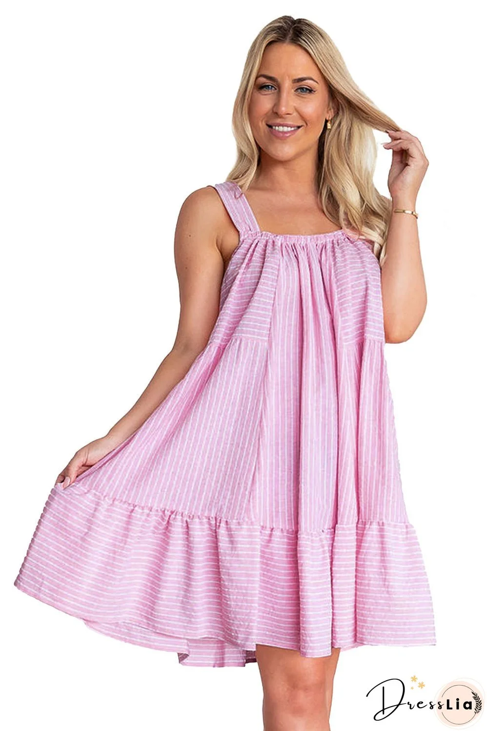 Pink Stripe Pinstriped Ruffled Hem Sleeveless Mini Flared Dress
