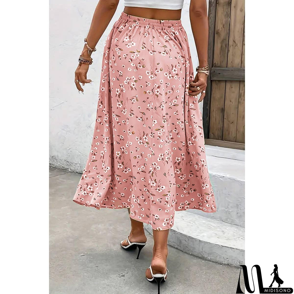 MidiSono - Plus Floral Print Drawstring Waist Fit Skirt
