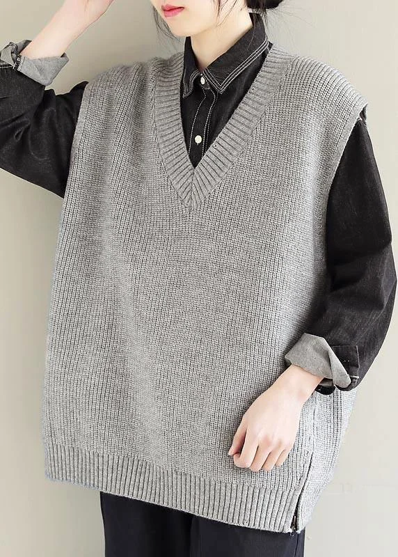 Vintage Light Gray Knitwear Plus Size Clothing V Neck Sleeveless Knit Blouse