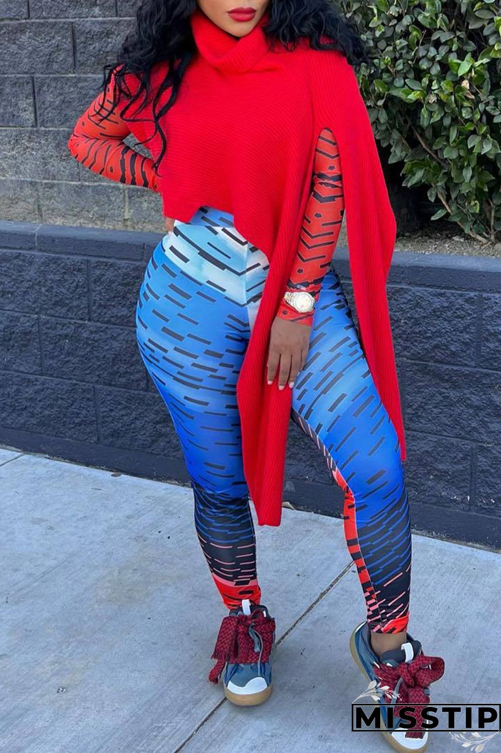 Red Street Solid Patchwork Slit Asymmetrical Turtleneck Tops