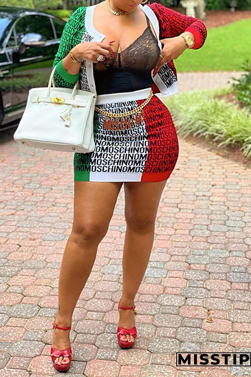 Multi-color Sexy Print Patchwork Letter Three Quarter Two Pieces