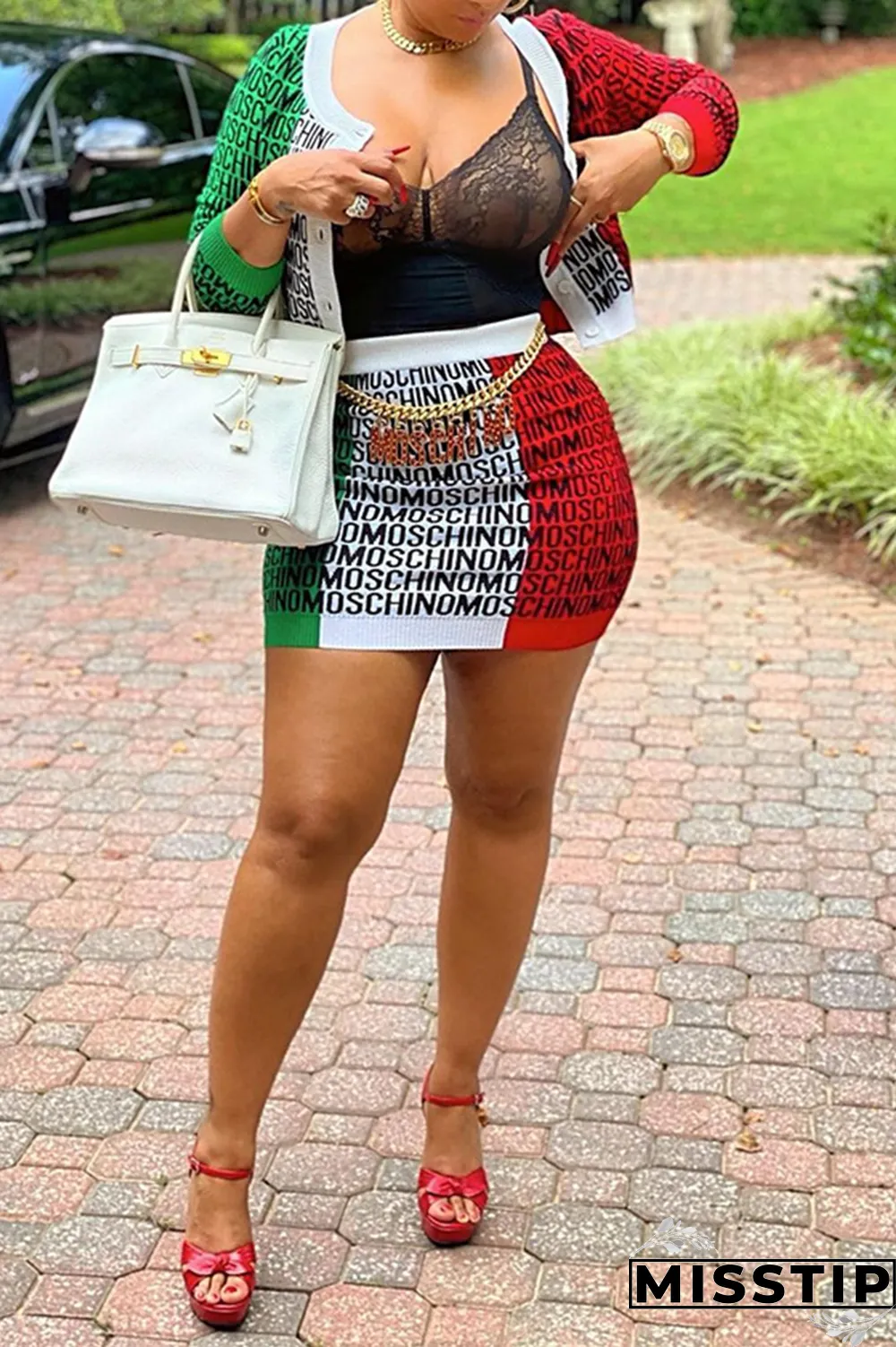 Multi-color Sexy Print Patchwork Letter Three Quarter Two Pieces