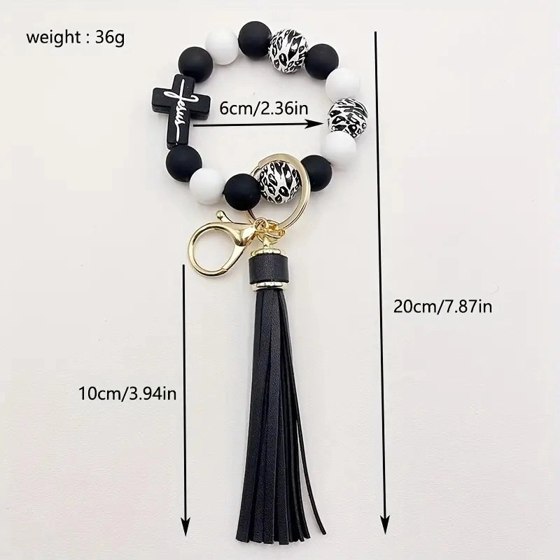 Casual Classic Style Cross Tassel Alloy Wooden Beads Silica Gel Beaded Keychain