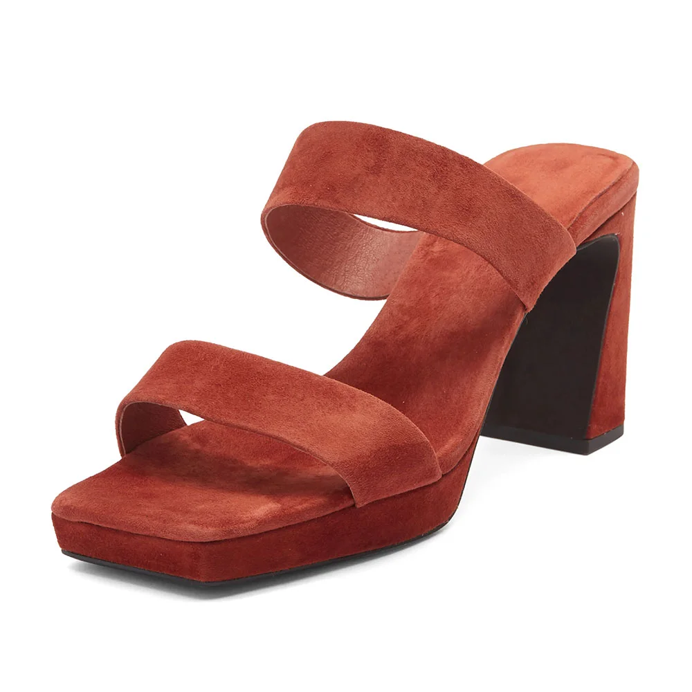 Rust Vegan Suede Square Toe Platform Heel Mule Shoes for Women