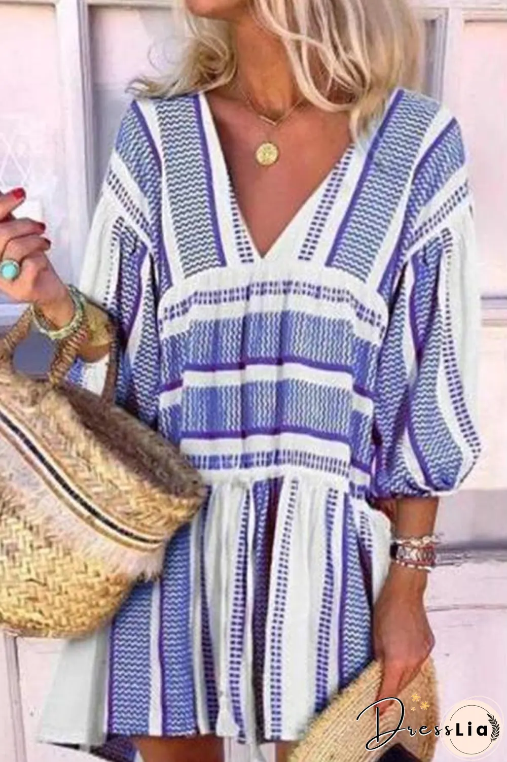 KarliDress Striped V-neck Puff Sleeve Mini Dress P12823