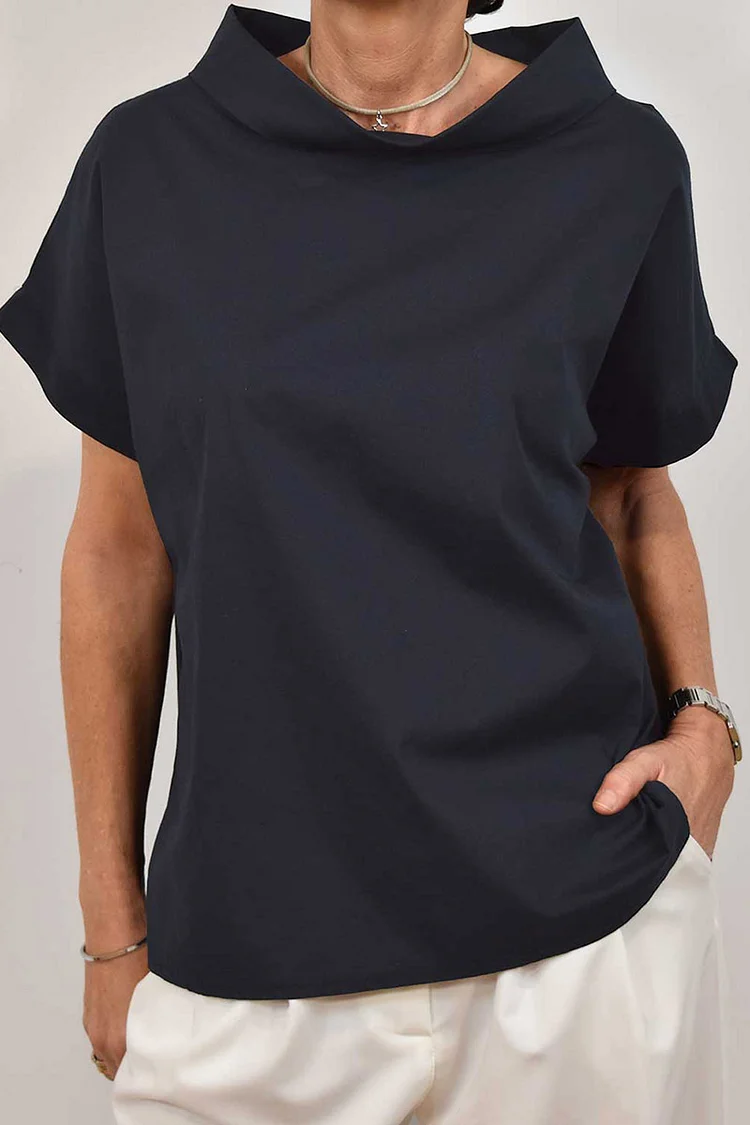 Solid Color Cowl Neck Short Sleeve Linen Casual Top [Pre Order]