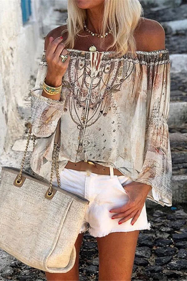 Fashion Print Flared Sleeve Chiffon Blouse