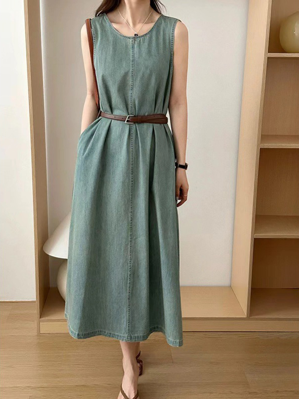 Leather Belted Sleeveless Round Neck Midi Dress