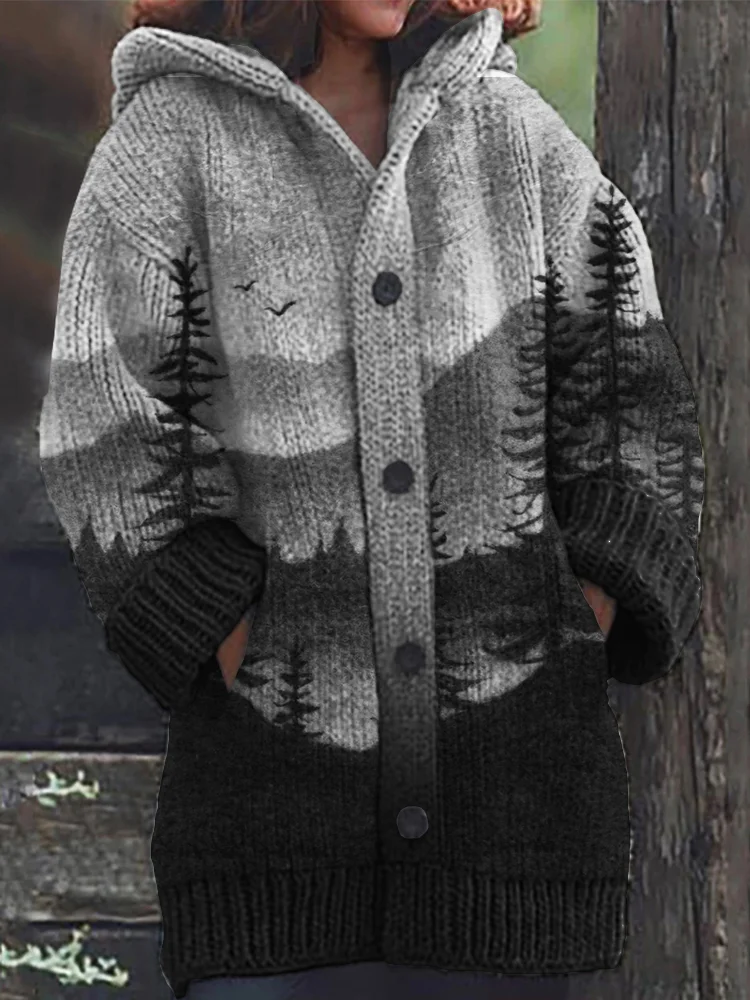 Mountains Forest Landscape Felt Art Cozy Knit Hooded Cardigan