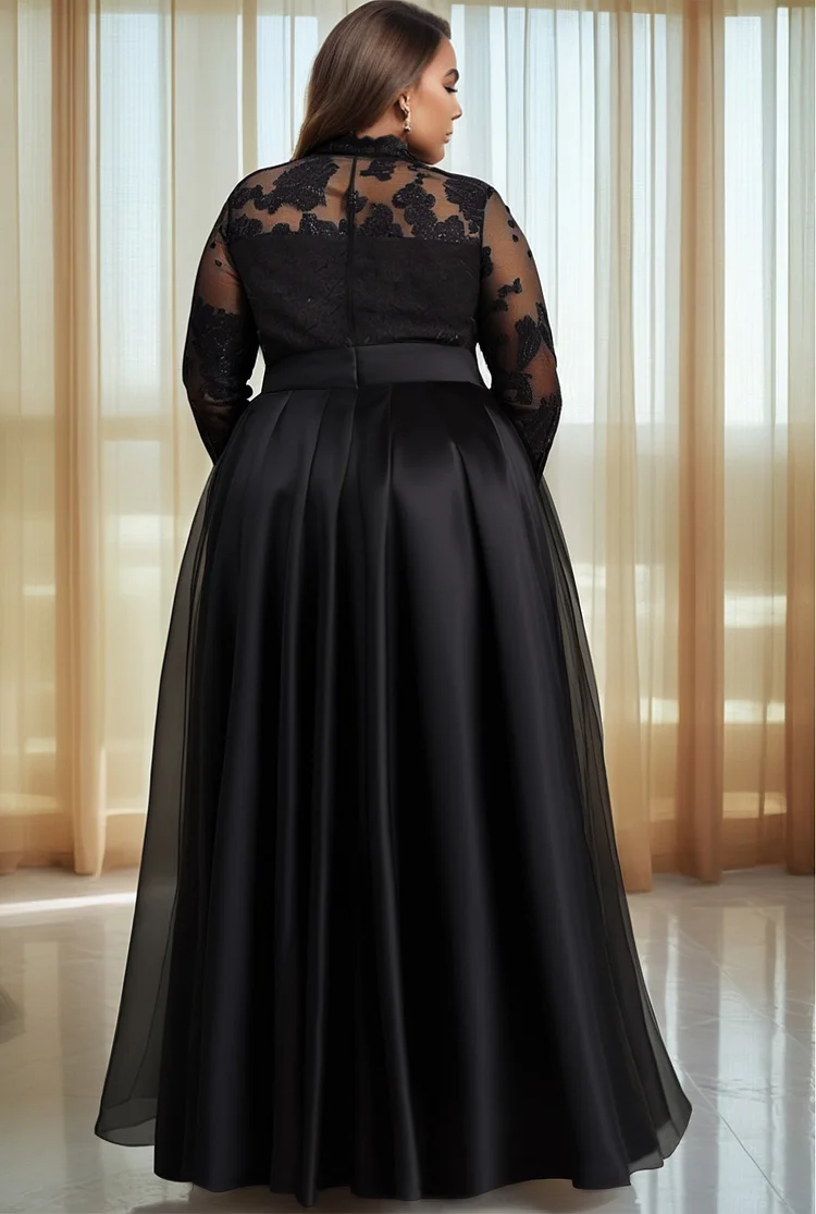 Xpluswear Design Plus Size Formal Organza Black Elegant Round Neck Long Sleeve See Through Lace Maxi Dresses [Pre-Order]