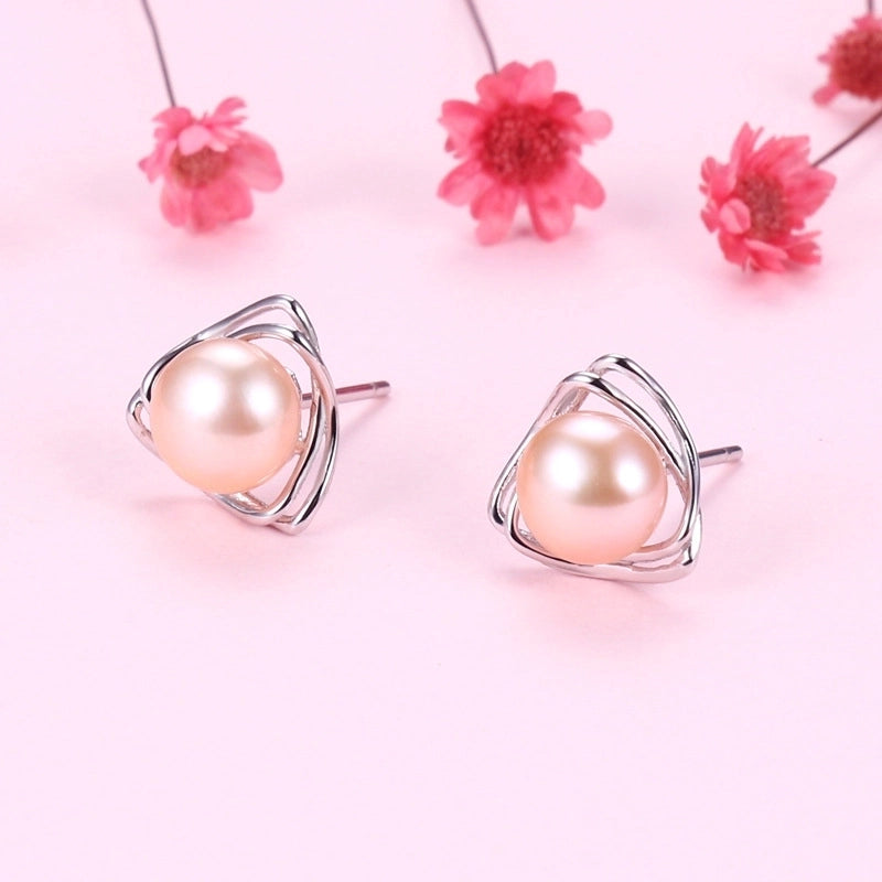 1 Pair 925 Sterling Silver Pearl Geometric Ear Studs
