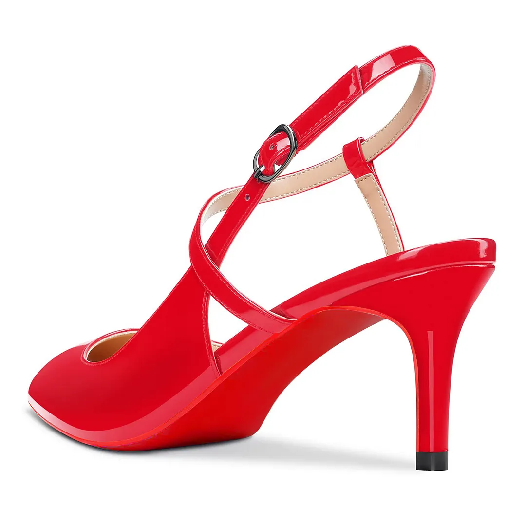 65mm Women Slingback Pumps Ankle Strap Jenlove Stiletto Mid Heel Close Pointed Toe Dress Red Bottoms Shoes-vocosishoes