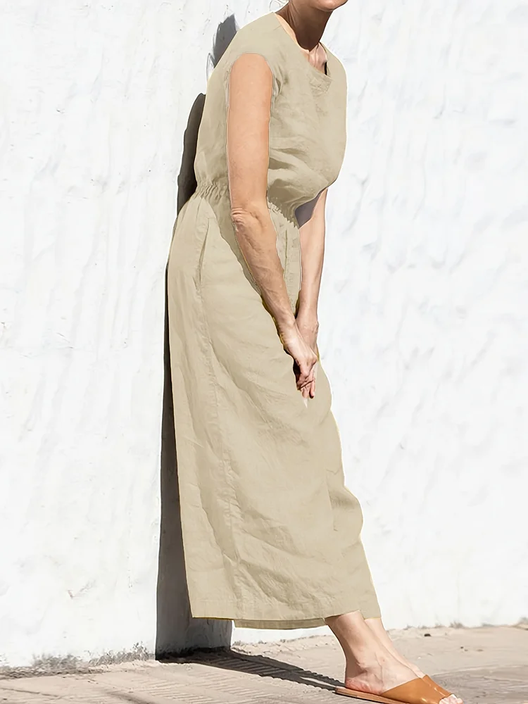 Lightweight Olive Green Women's Sleeveless Jumpsuit | Loose-Fit Romper With Pockets, Round Neck & Breathable Fabric For Spring/Summer Vacation, Beach, Casual Outings | Machine Washable, Summer Outfit, Vacation Dress, Flowy Texture