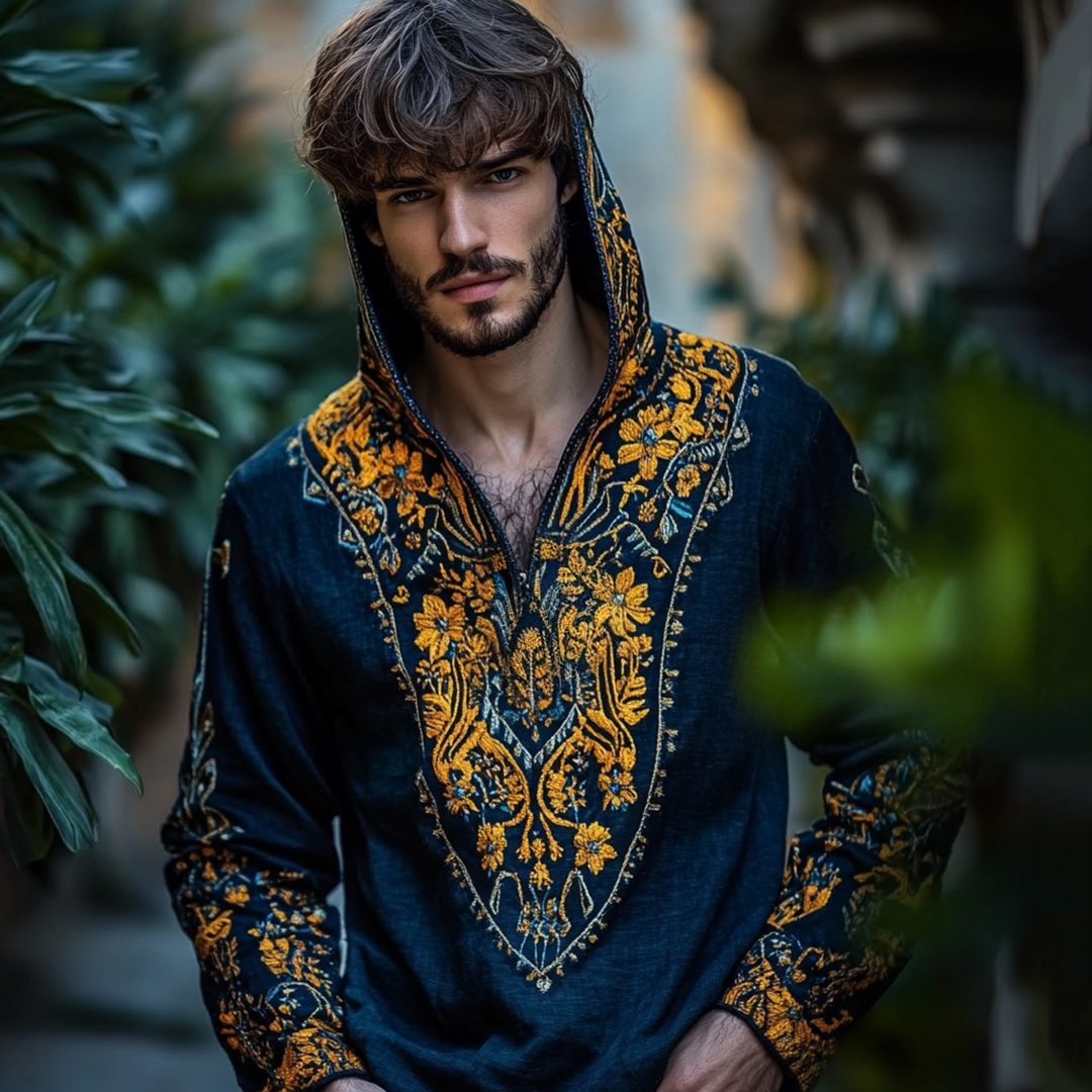 Comstylish Men's Vintage Ethnic Floral Embroidery Hooded T-shirt