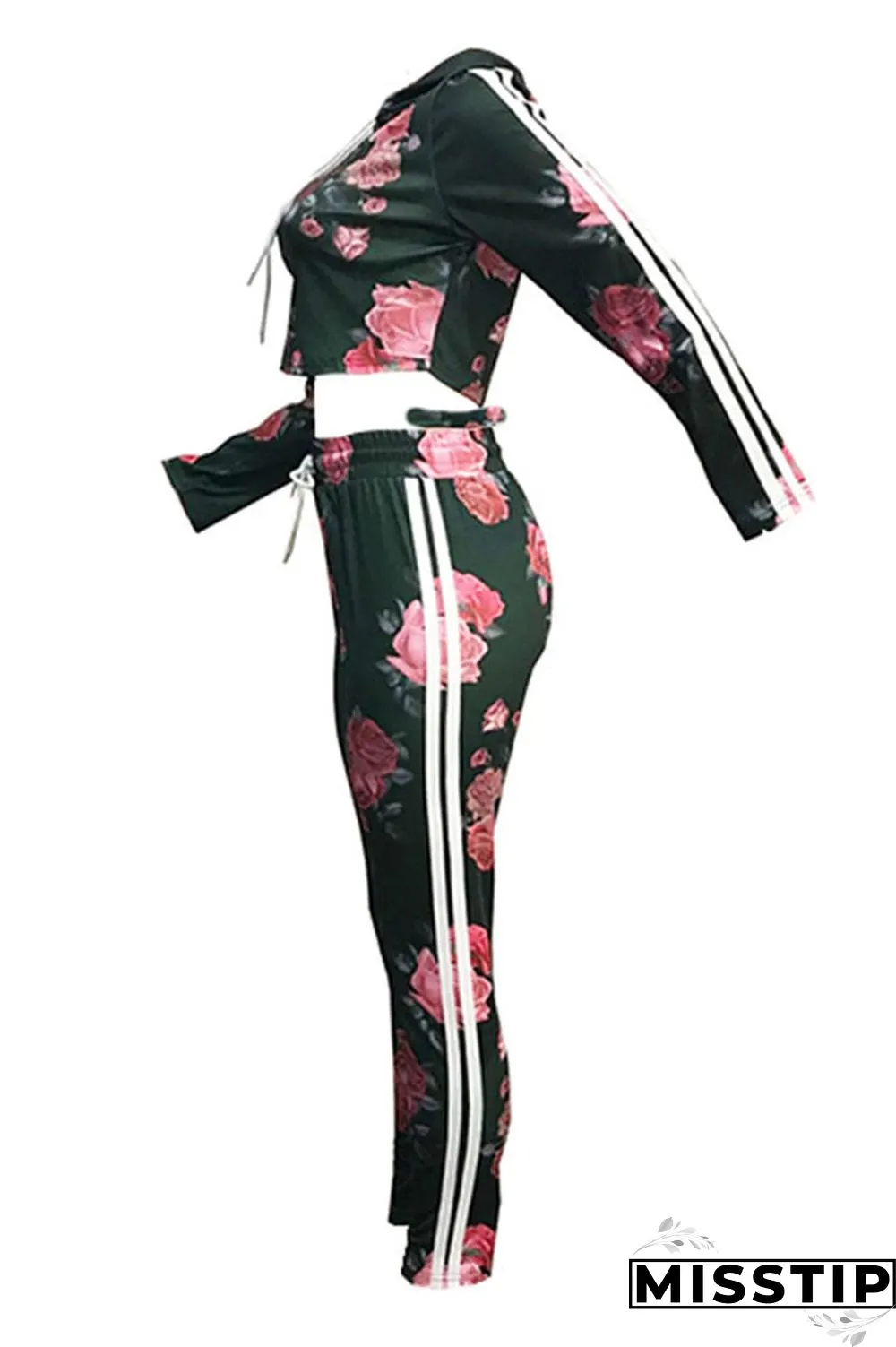 Green Casual Hooded Collar Floral Printed Knitting Two-piece Pants Set (Batch Print)