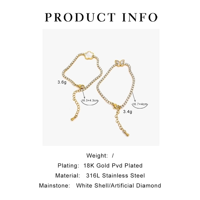 Sweet Minimalist Classic Style Butterfly 316L Stainless Steel  18K Gold Plated Imitation Pearl Rhinestones Shell Bracelets In Bulk