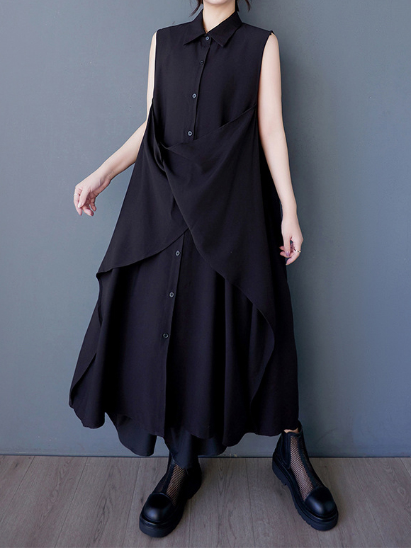 Irregular Both Sides Shirt Collar Sleeveless Solid Color Maxi Dress
