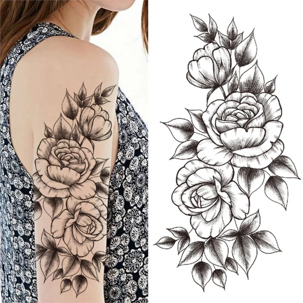 Geometry Rose Flower Temporary Tattoos For Women Girls Black Butterfly Bird Tattoo Sticker Fake Peony Geometric Body Art Tattos